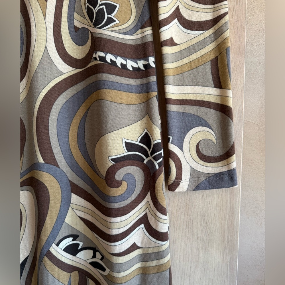 Zara Retro Abstract Print Midi Dress M Brown Gray Long Sleeve Stretch Jersey EUC - Picture 7 of 11